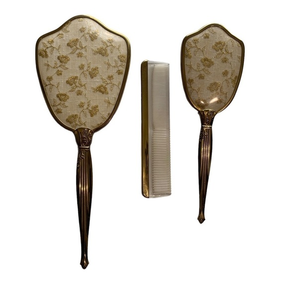 Vintage Gold tone Vanity Mirror Brush Comb Three Piece Set - Picture 1 of 5